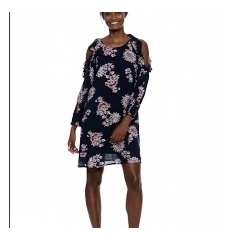 Old Navy | Navy Floral Open Shoulder Long Sleeve Shift Dress Sz Large